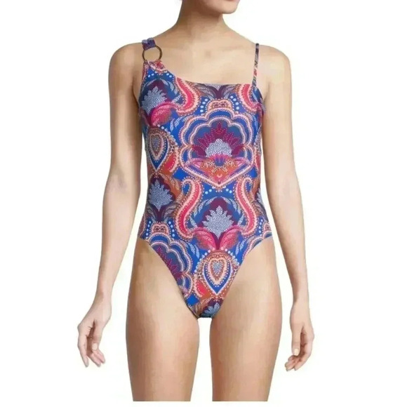 BCBGMAXAZRIA One Piece Swimsuit Asymmetrical Lace Up Back Swimsuit NWT Size 14 - Picture 1 of 11
